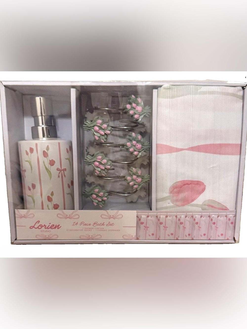 14 Piece Lorien Studio Bath Set Shower Curtain , Hook Set & Soap Dispenser NWT